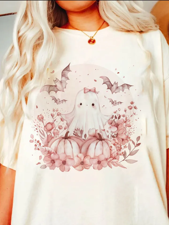 Pink Halloween PNG, Spooky Ghost, Autumn sublimation design, Fall PNG, Pumpkins, leaves PNG, Watercolor Sublimation, Coquette Pink Ghouls
