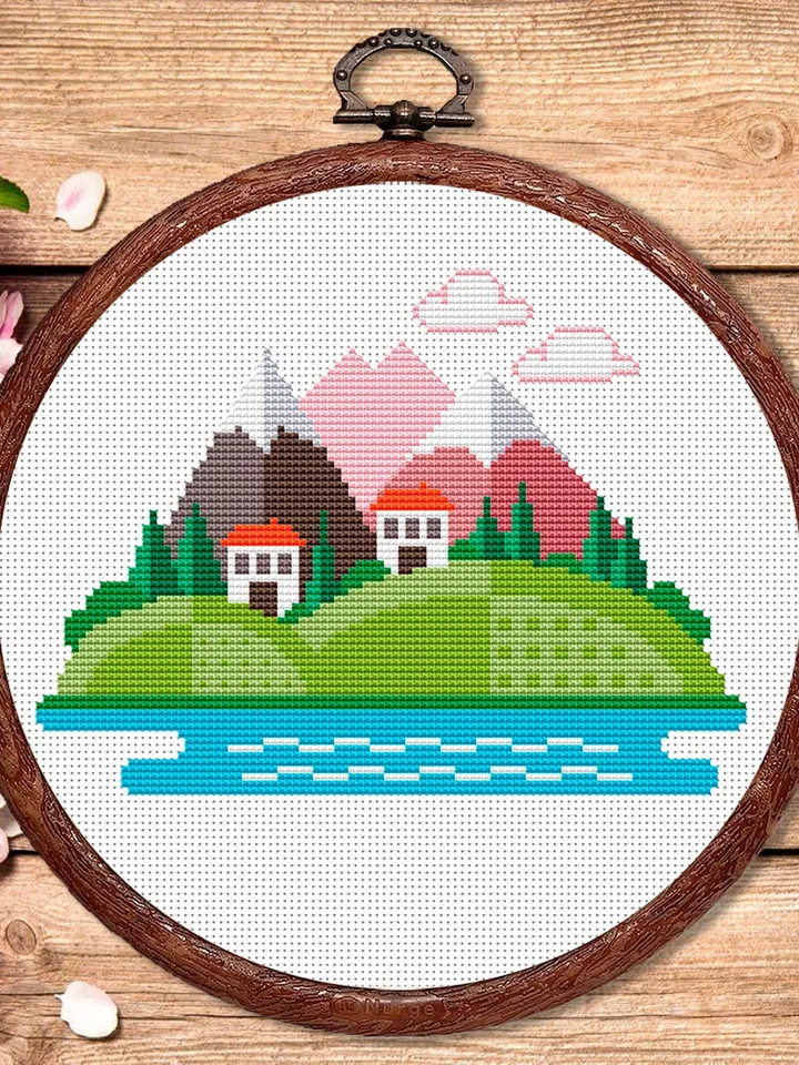 Pink Mountains Cross Stitch Pattern, Island Cross Stitch, Embroidery Travel, Travel Cross Stitch Pattern, Modern Cross Stitch #trl001