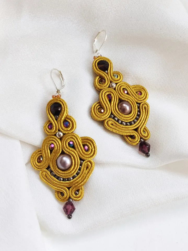 Golden earrings, Long dangle earrings, beaded embroidered soutache earrings