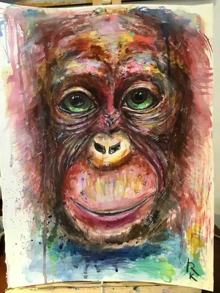 Funny Monkey original painting,watercolour mix media fantasy painting ,chimpanzee painting,animals original artwork,monkey wall art