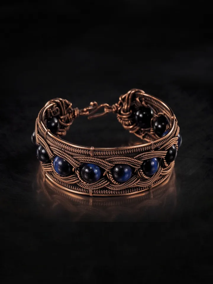 Copper wire bracelet with natural falcon eye, 7th Wedding Anniversary gift