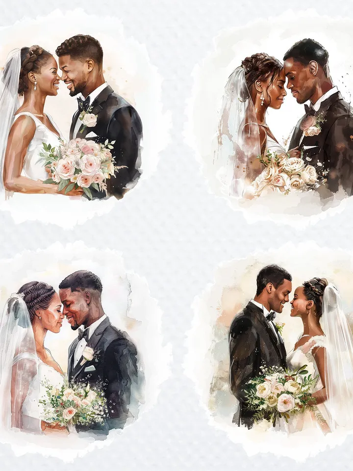22 Wedding Couple PNG Bundle for Wedding Invitation, Printable Watercolor clipart for sublimation, Interracial couples PNG , junk journal