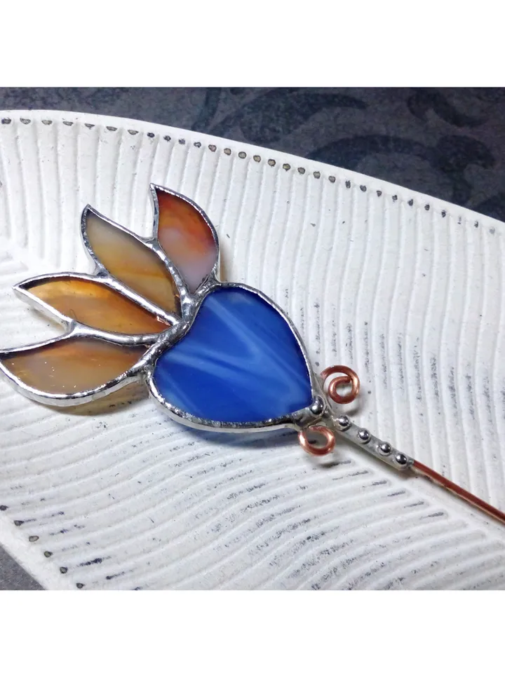 Garden art, Glass flower, lotus, lilie suncatcher, nature Stained glass, Orange flower, flower pot pole
