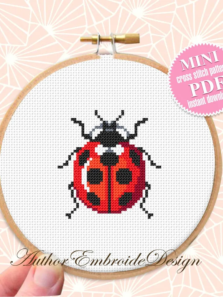 Small ladybug cross stitch pattern PDF instant download Beginner cross stitch chart, Ladybird pattern digital PDF, Insect cross stitch #K43