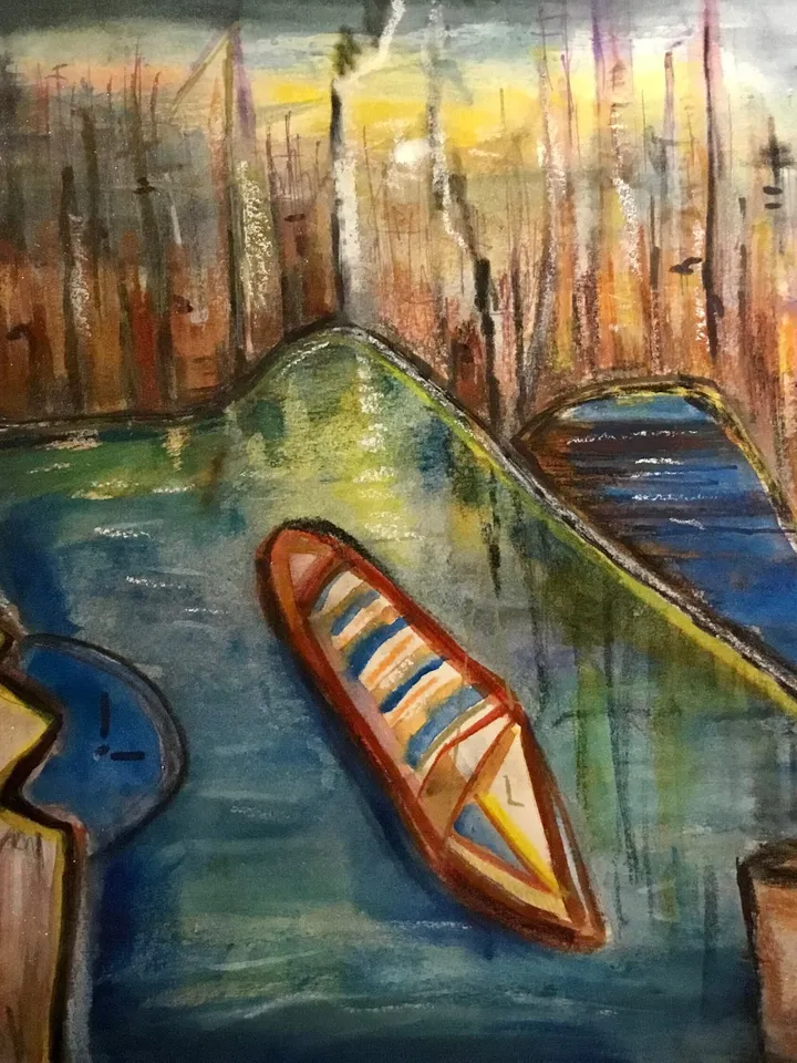 Fantasy cityscape with a boat,original watercolour mix media painting on watercolour 350 g paper,fantasy landscape wall hanging.