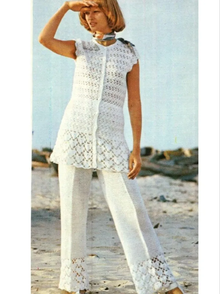 Suit pants Crochet top jacket and crochet trousers pattern, lacy crochet top, pants crochet pattern pdf instant download