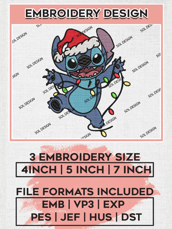 Santa Claus Stitch With Christmas Lightbulb Embroidery Design Files, Disney Christmas Machine Embroidery, Disneyland Embroidery, 3 sizes, Cute Christmas Machine embroidery designs, Digital Download