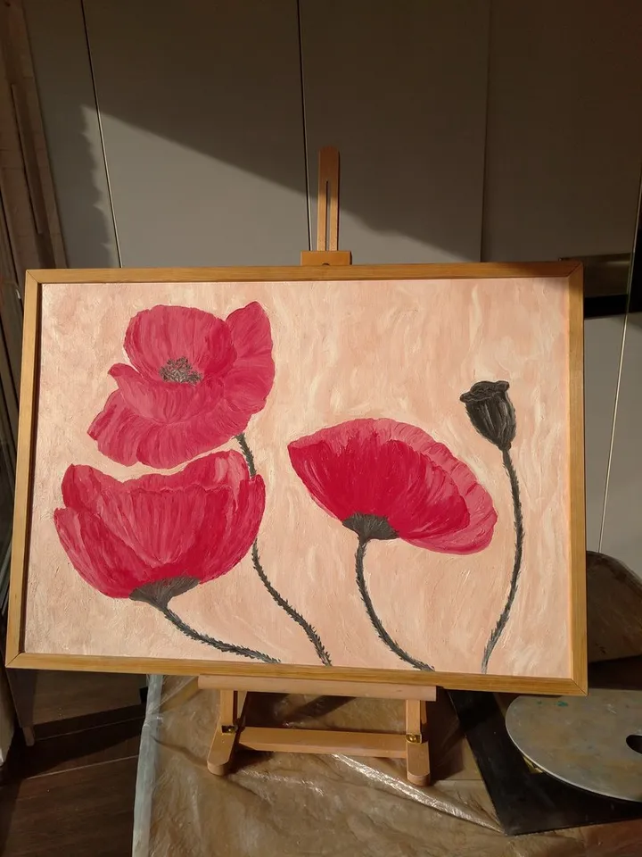 Oil Painting Flowers Red Poppies Original Art Handmade Canvas 28x20 Inch