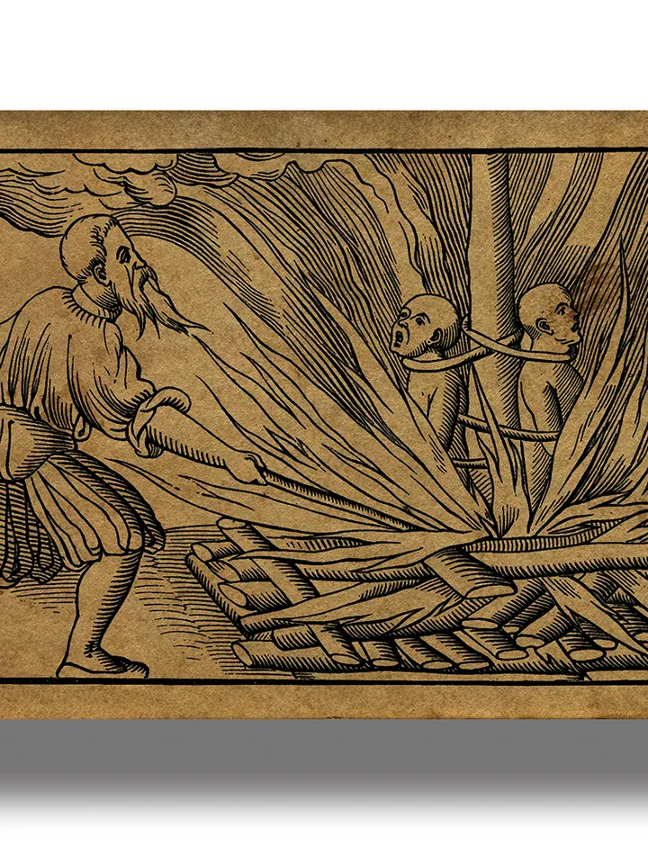 Burning of heretics. Medieval engraving with the horrors of the Inquisition.