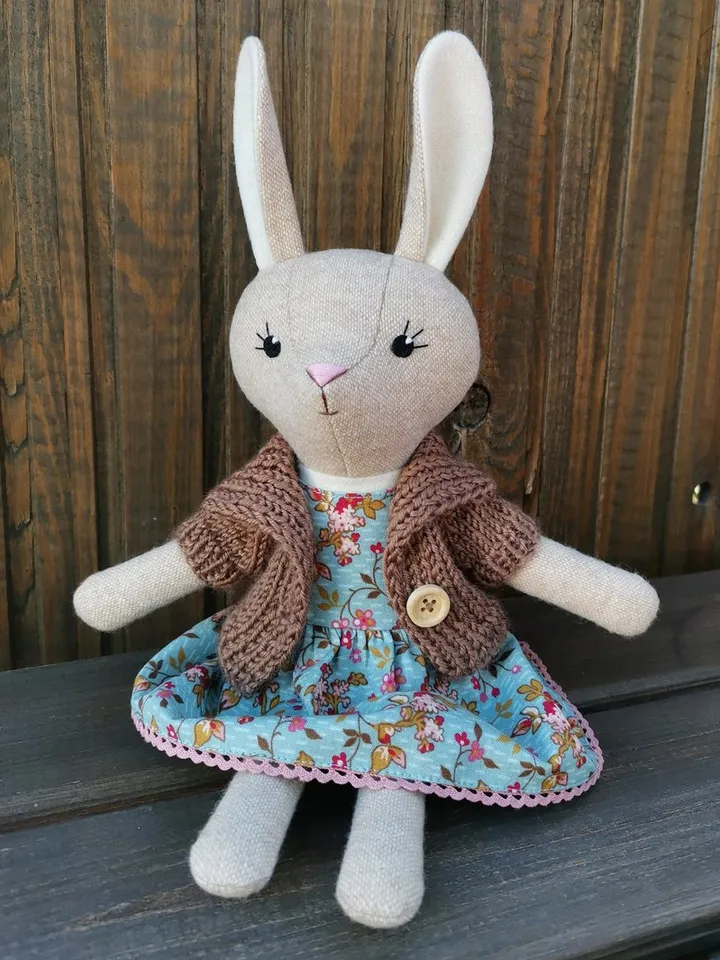 Beige bunny girl, handmade stuffed doll, fabric plush rabbit toy, wool animal doll