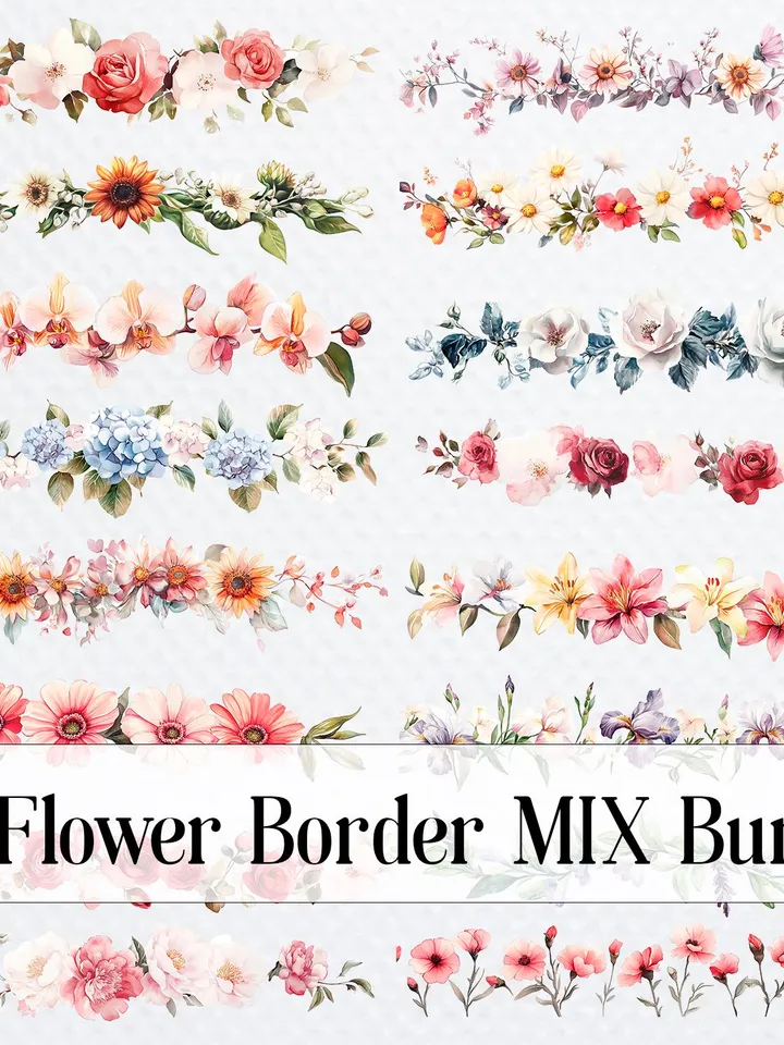26 Flower Border MIX Bundle, Watercolor Floral Border PNG Digital Clipart for sublimation, Digital download, Digital Paper craft Card making