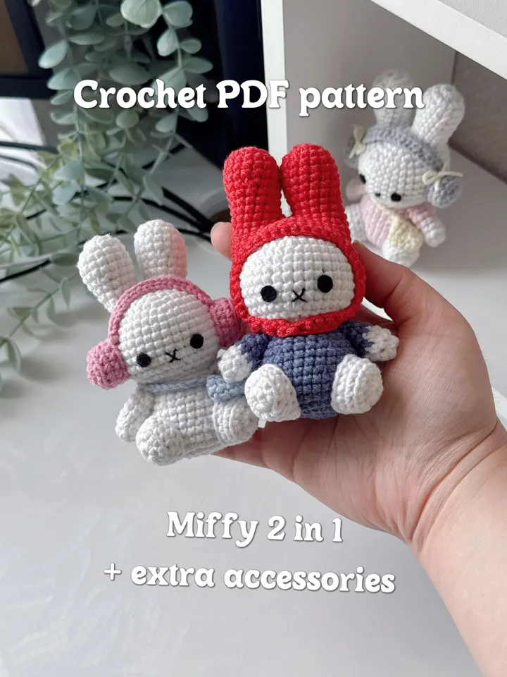 2 in 1 miffy crochet pattern + extra accessories, PDF crochet pattern amigurumi, US terms, Miffy with headphones