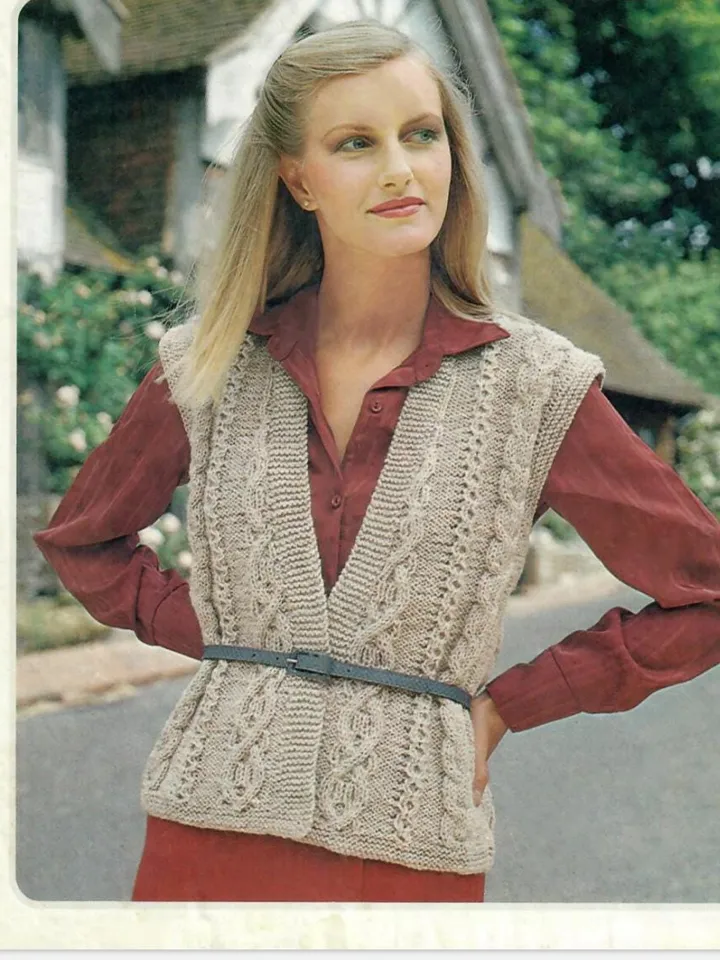 Knitting aran vest, waistcoat knitting pattern pdf, aran sleeveless cardigan, women aran waistcoat pattern instant download
