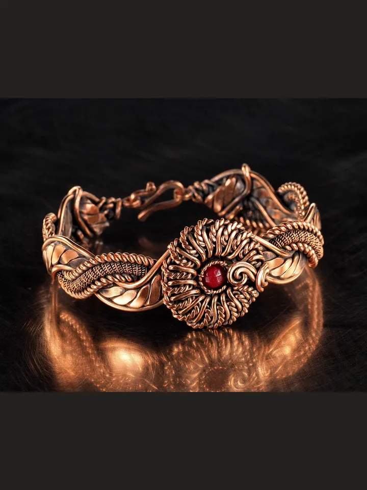 Copper wire wrapped red Agate bracelet for woman, Statement flower jewelry, 7th Anniversary gift for her woman, Unique copper jewelry, Braided Art Nouveau antique style bracelet, Oxidized pure copper, Handmade