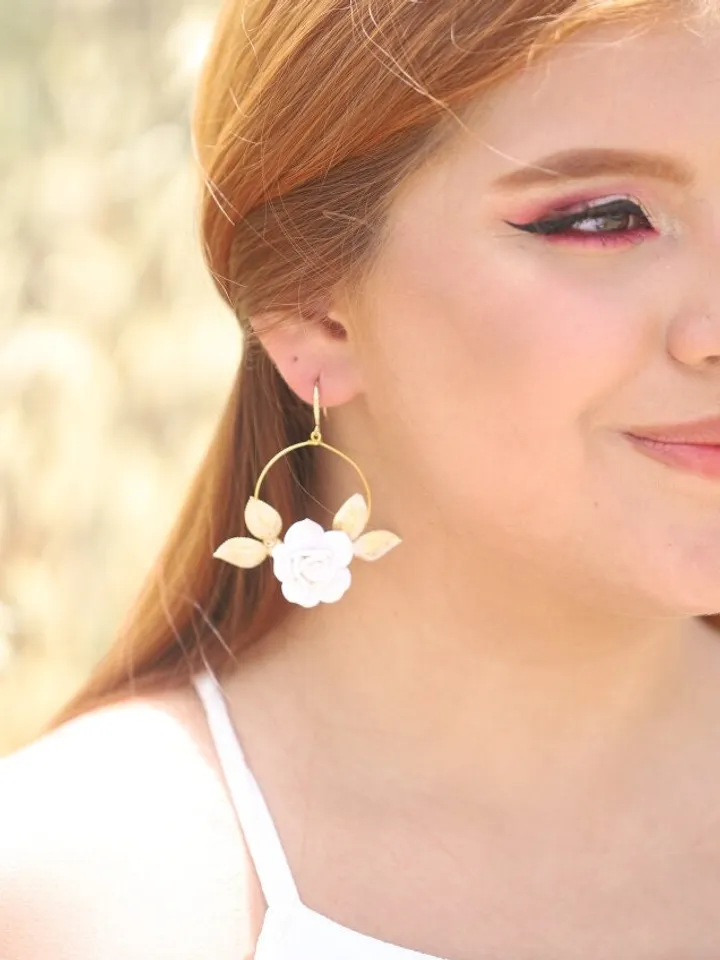 Hoop Porcelain Flower Boho Wedding Earrings, Floral Statement Rose Gold Bridal Earrings, Leaf Statement Wedding Jewelry, Boho Bridal Jewelry