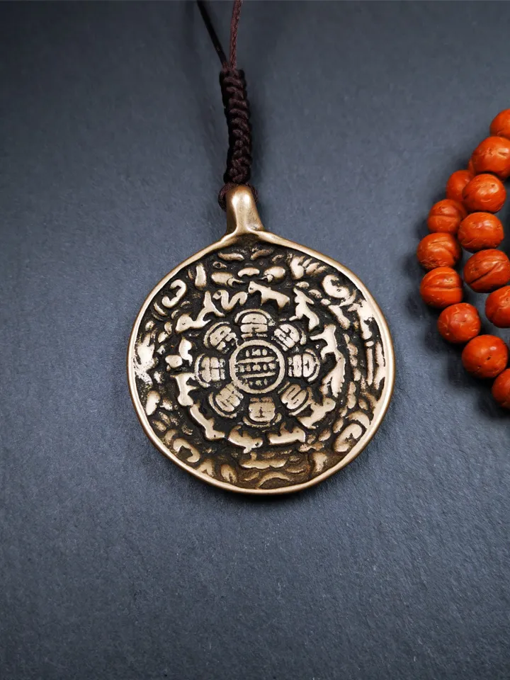 Gandhanra Vintage Tibetan Buddhist Calendar Badge,Melong Mirror, SIPAHO Amulet,Made of Lima Brass, 1.88"