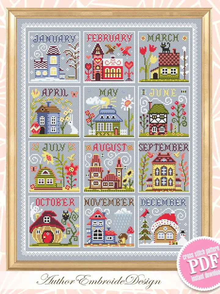 House calendar cross stitch pattern PDF download House seasons cross stitch chart, Cute house pattern digital PDF, Holiday cross stitch #T38