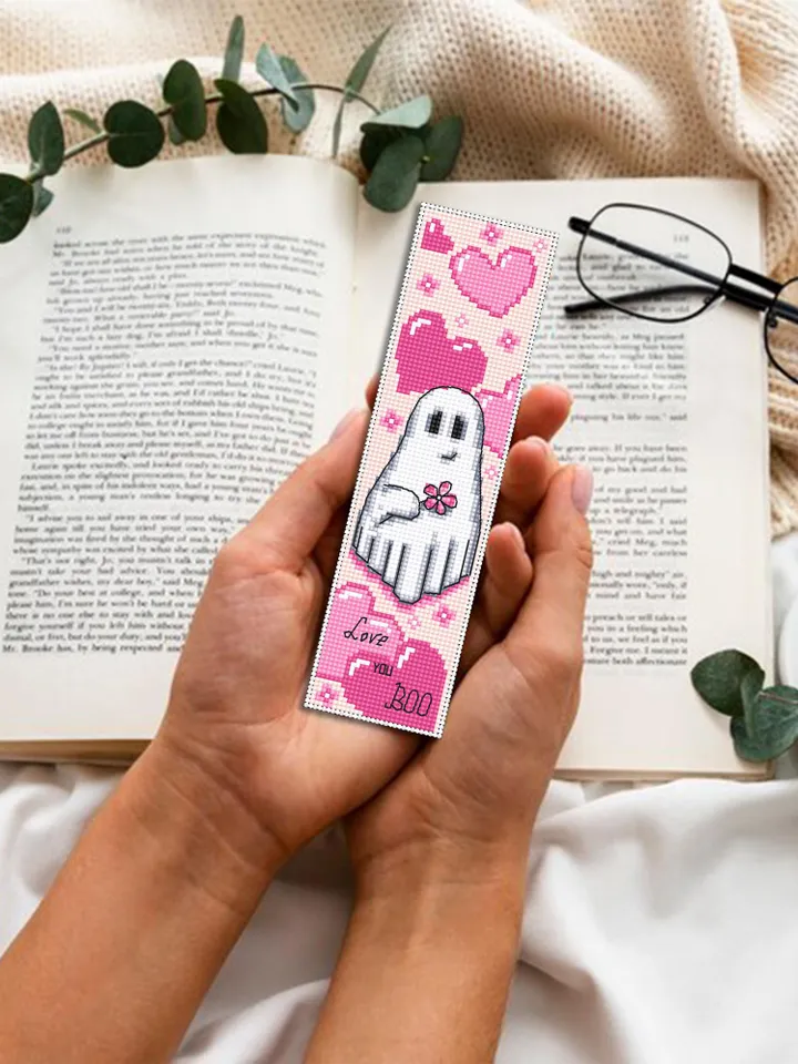 Ghost bookmark cross stitch pattern PDF download Valentine ghost cross stitch chart, Heart bookmark pattern digital PDF, Cute ghost #B370