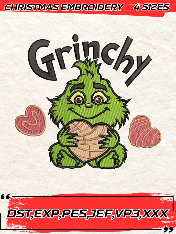 Grinchy Pan Dulce Concha Embroidery Design,Baby Grinch Christmas Embroidery Digitizing Pes File,Christmas Embroidery Design,4 Sizes,Digital Download
