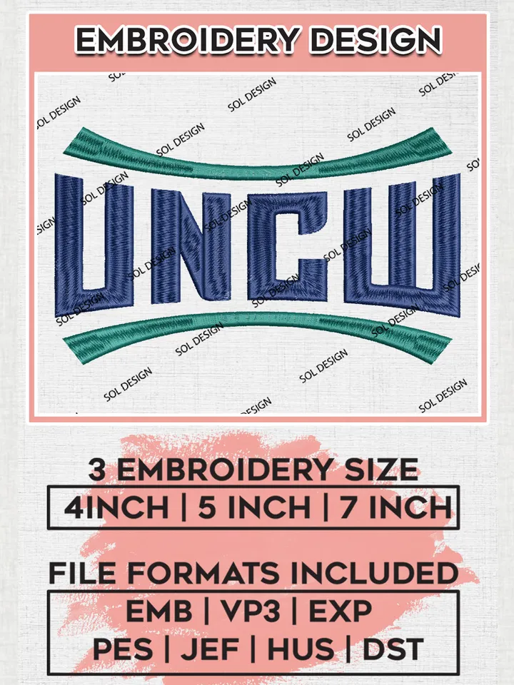 NCAA UNCW Football Team Logo Embroidery Design Files, NCAA UNC Wilmington Seahawks Machine Embroidery, NCAA Teams, Game Day, 3 sizes, NCAA Machine embroidery designs, Digital Download
