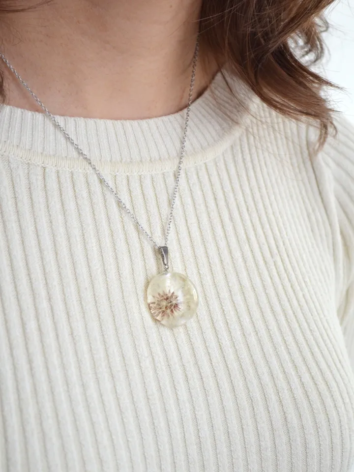 Real Dandelion pendant. A whole dandelion necklace. Transparent hemisphere pendant.