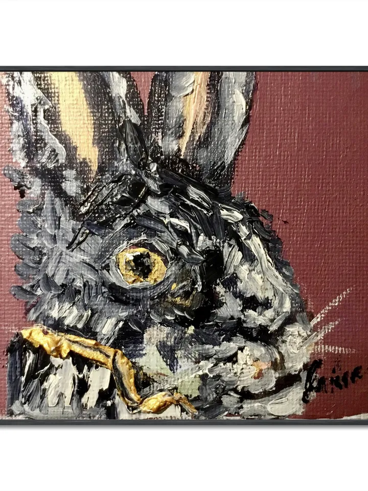 Set of 2 black rabbits painting,bunnies diptych painting original oil painting on small canvases,miniature love uniqie gift paintin