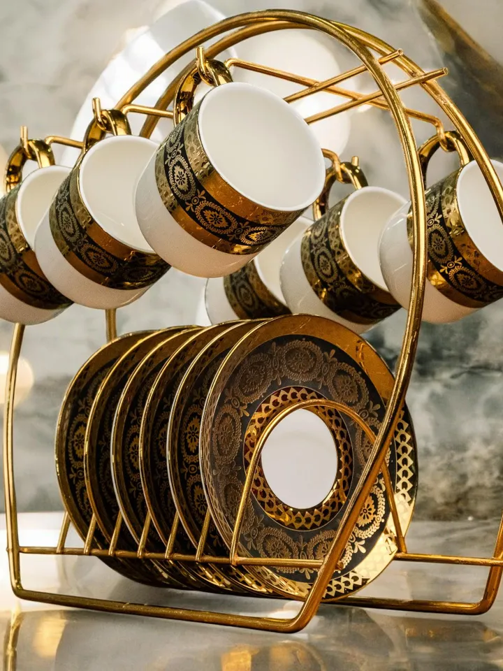 14K Genuine Gold Powder Porcelain Tea Cups And Saucers | Tea Cups Saucers Set | Gold Porcelain Set | Elegant Teaware | Gift For Tea Lovers