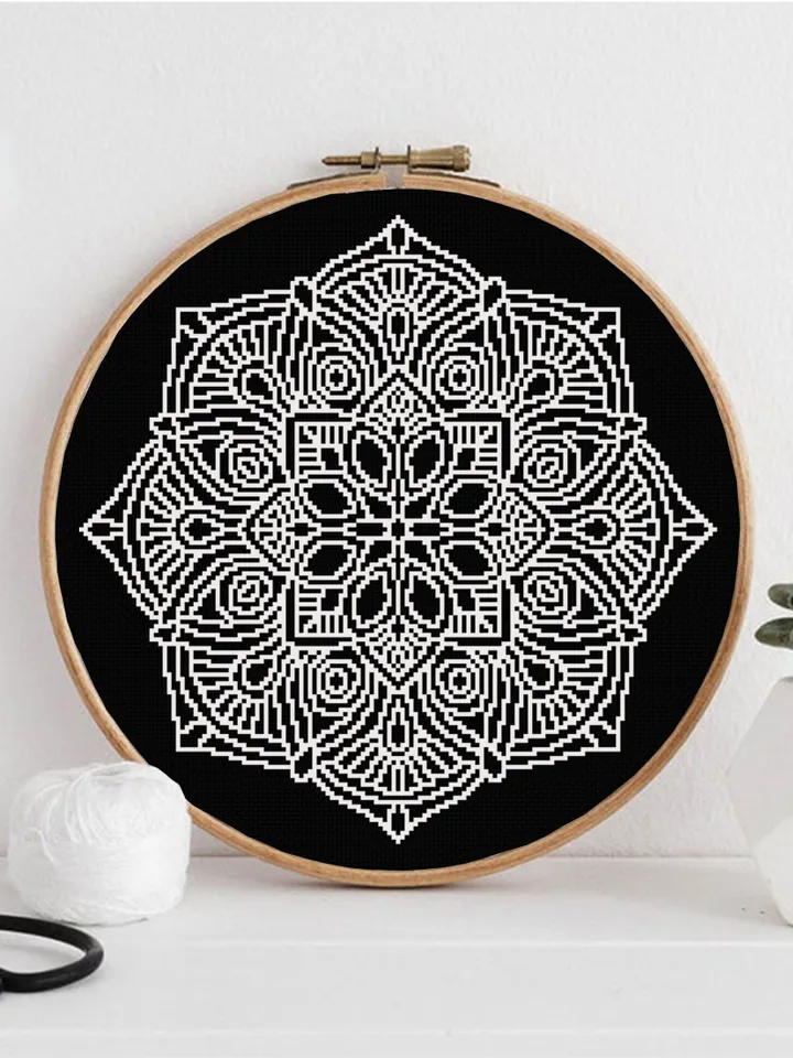 Mandala set cross stitch pattern download PDF Monochrome mandala cross stitch chart, Floral ornament hand embroidery PDF, Home decor #S14