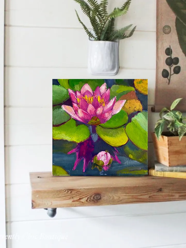 Water Lily Original Oil Painting on Canvas, Flowers Wall Art, Lotus Canvas Art