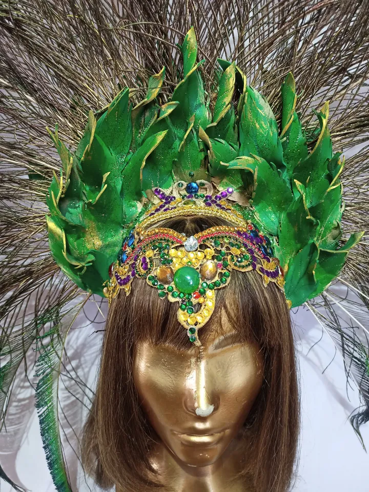 feather headdress, party crown, carnival headdress, brazilian headdress, crown, peacock feathers, peacock feather crown, peacock tail