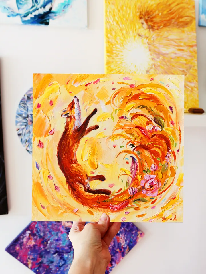 Fox Oil Painting Original Textured Handmade Fox Artwork 10 by 10 inches