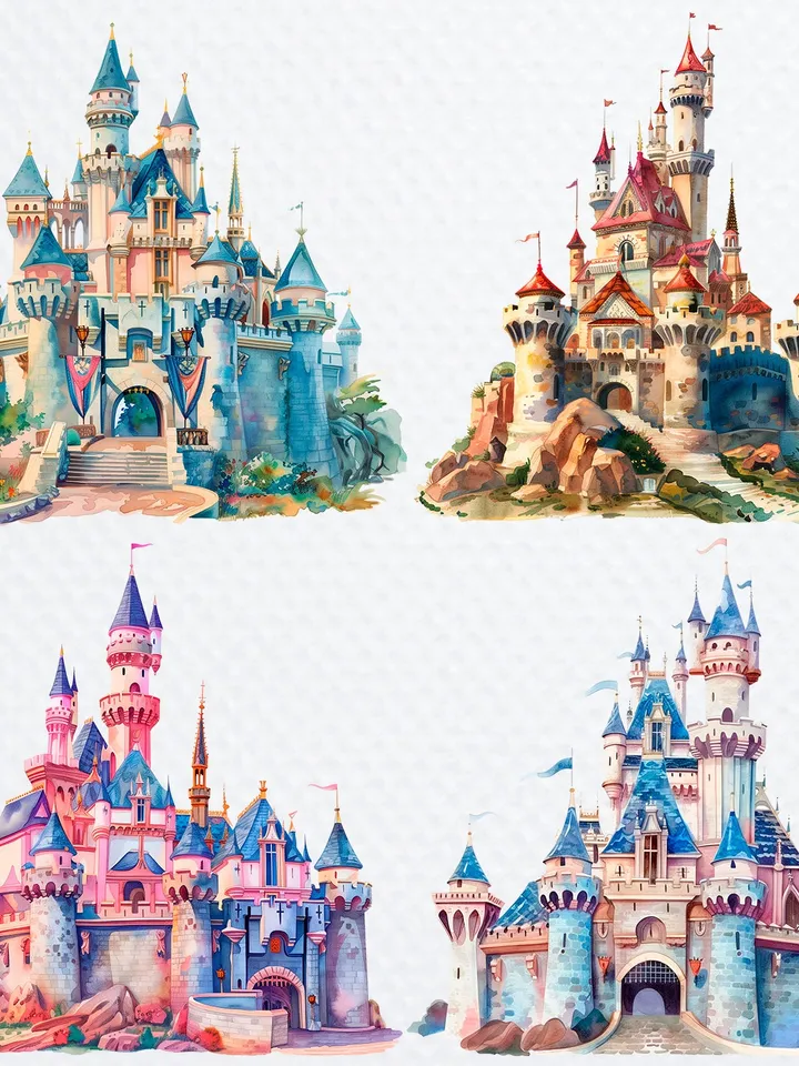 12 Princess Castle PNG Clipart, Watercolor Princess Castle for sublimation, Princess Castle High Quality PNGs, Paper craft, Junk Journals