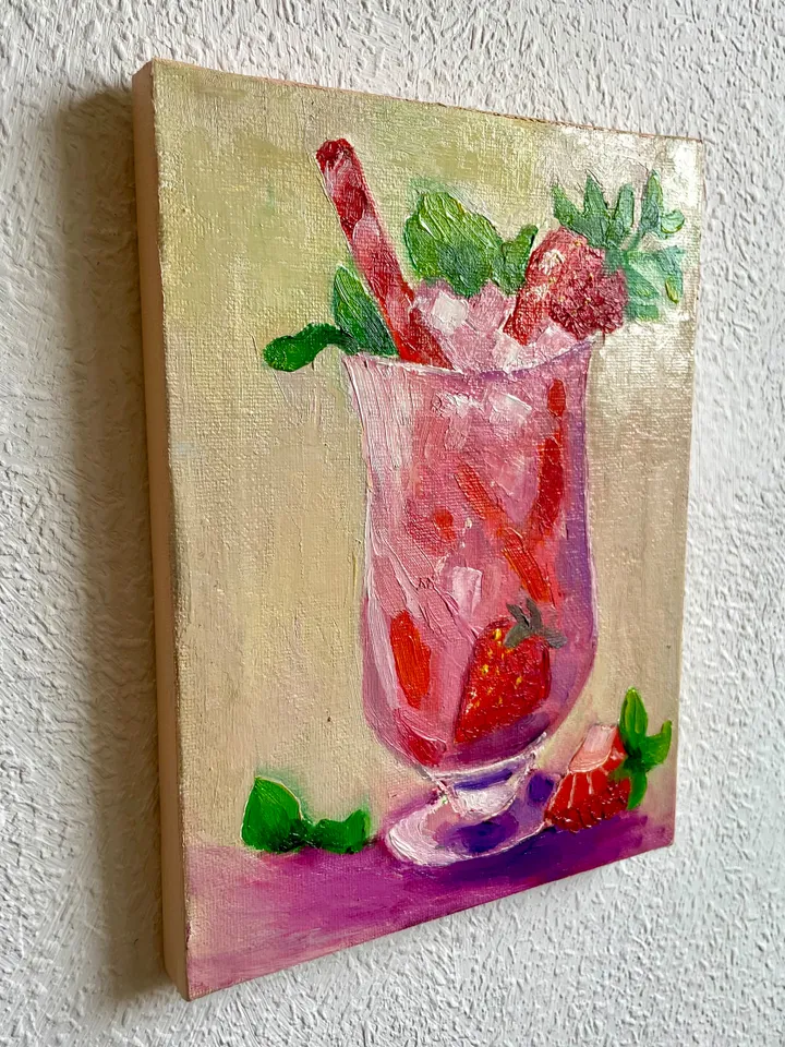 Strawberry Cocktail Oil Painting on Canvas Hand Painted Small Original Artwork, Drink art Still Life painting Perfect Bar and Kitchen Decor 8"x6"