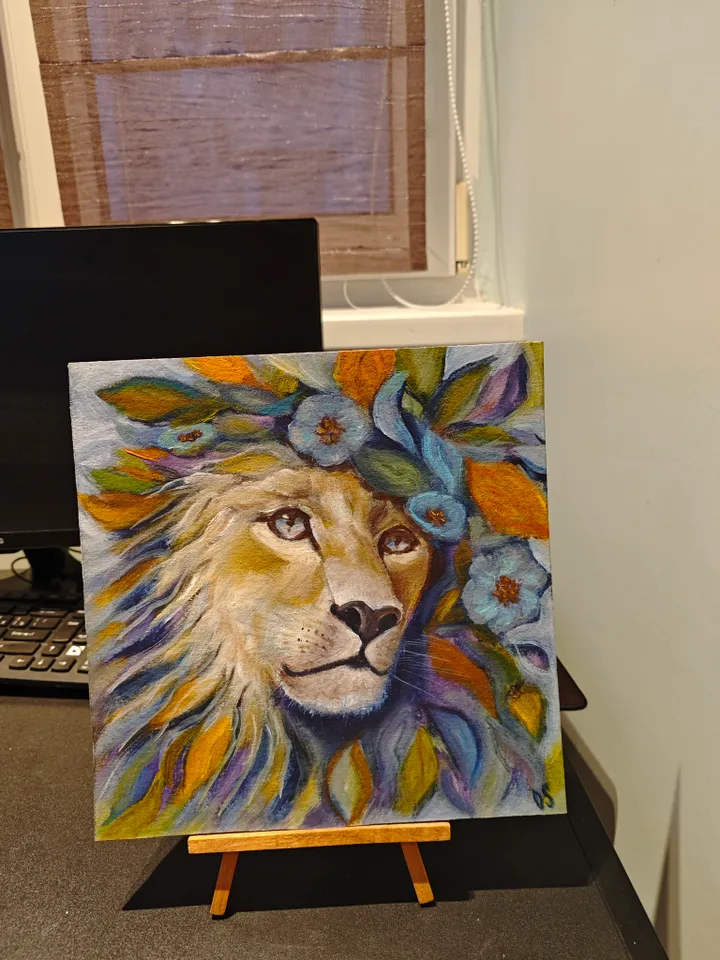 Lion Original Painting Animal Art Modern Artwork Bright Floral Multicolored Lion Wall Painting Lion Head Abstract Painting Room Decor 10x10 inches By OlgaSokolovaArt