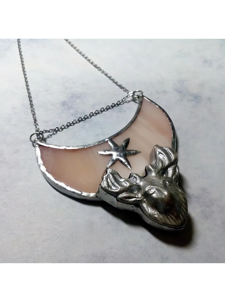 Deer antler jewelry, Deer head necklace, Yule jewelry, Christmas deer, Moon crescent deer, stag head pendant