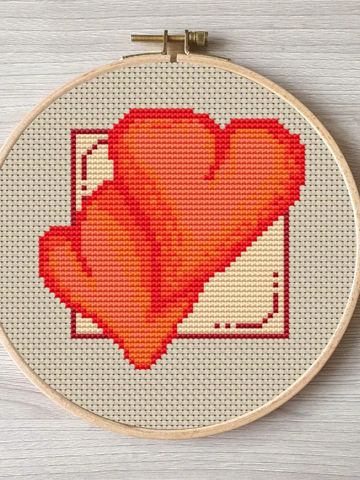Two hearts pattern pdf cross stitch, Easy embroidery DIY, small pattern for Valentine's Day