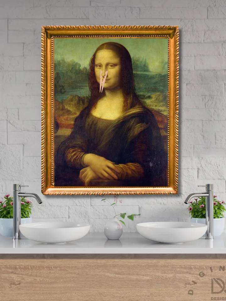Funny Bathroom Altered Art, surreal Mona Lisa, Eclectic extra large wall art, Maximalist art vintage print, Prank Gift, funny bathroom signs