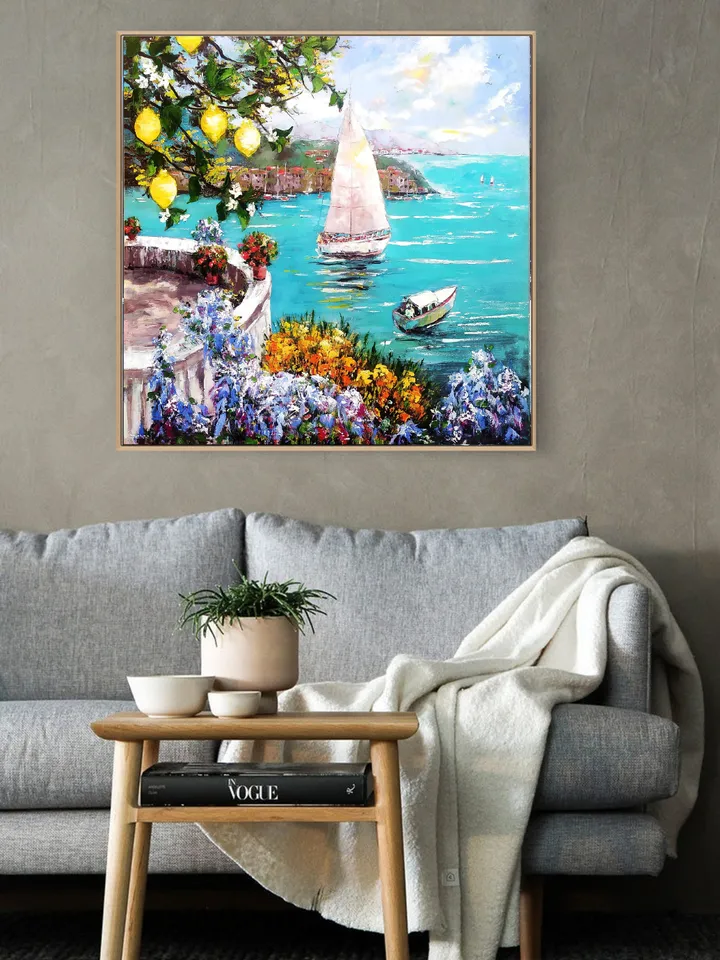 Italy Painting Amalfi Original Art Impaso Oil Painting Office painting Sea Painting Impasto Large Flowers Canvas Art 32x32 inches