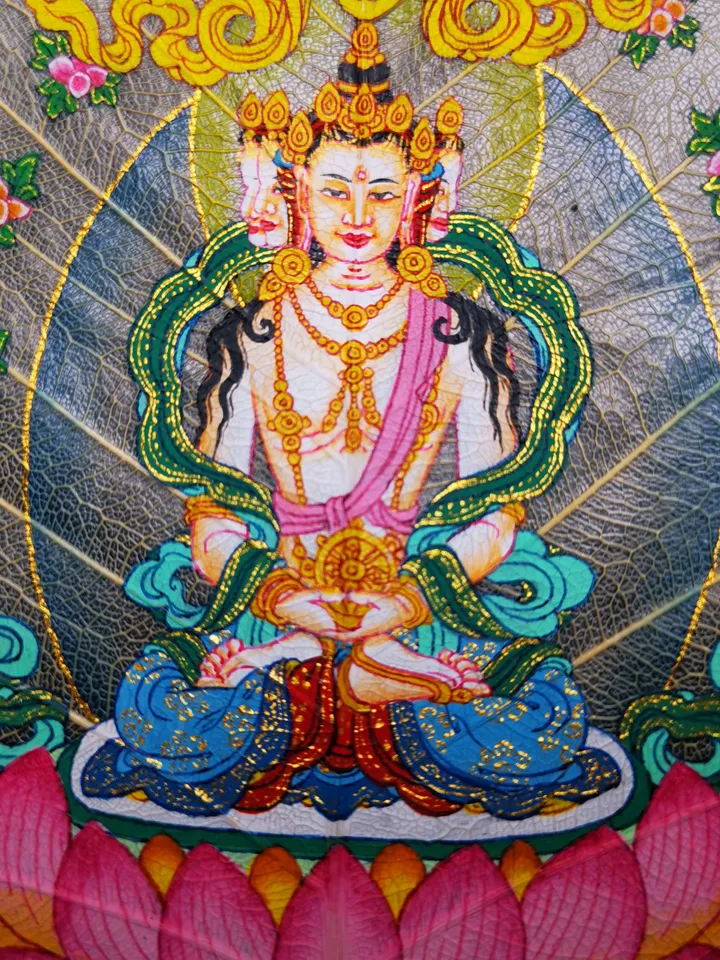 Gandhanra Handpainted Bodhi Leaf Thangka,Packed in Wooden Picture Frame,Painted with Natural Mineral Pigments,Vairocana Thangka