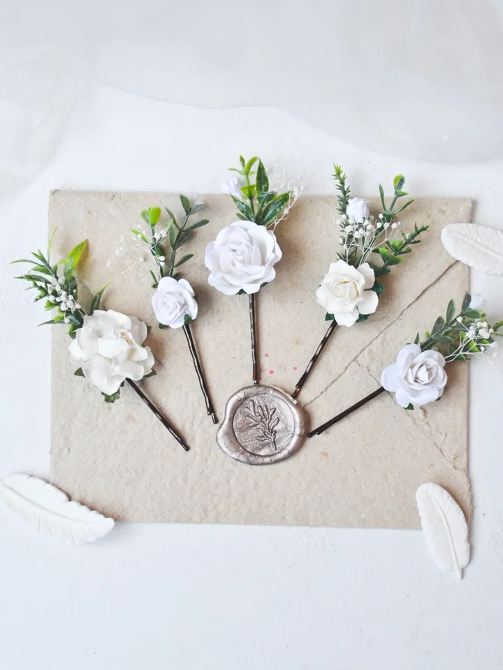 White hair clip, Wedding hair accessories, Bridal hair pins, Flower accessories