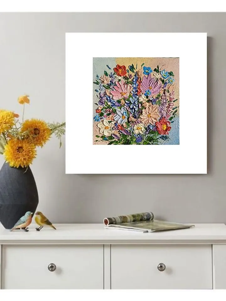 Oil Painting Bright Flowers Chamomile Poppies Impasto Art Miniature 6 x 6 inches