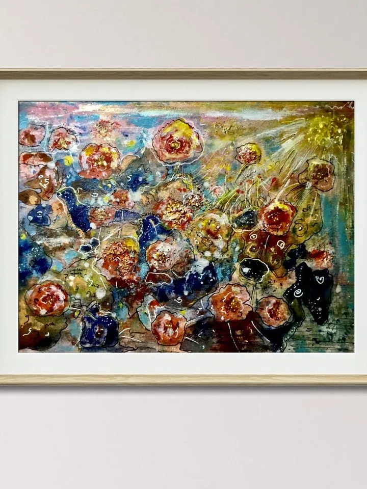 Abstract fantasy mix media watercolour and acrylic original painting on paper,abstract wall art,landscape flowers pink gold.