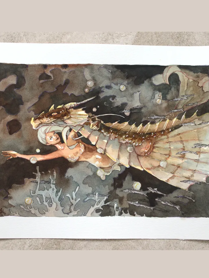 Mermaid and Water Dragon Painting Original fantasy art by Yulia Evsyukova