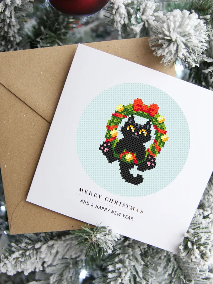 Set Christmas cats cross stitch pattern download PDF, Cute black cat embroidery PDF, Christmas mini cross stitch, Funny home cat decor #N78