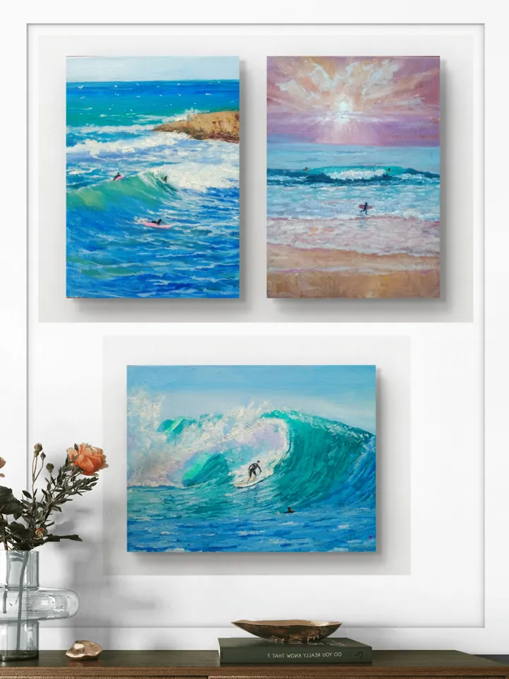 Three Pictures Seascape ocean art ocean art coastal art,Gifts art, original art,Sun sea sky wave cliffs images,Coastal Art, impressionism