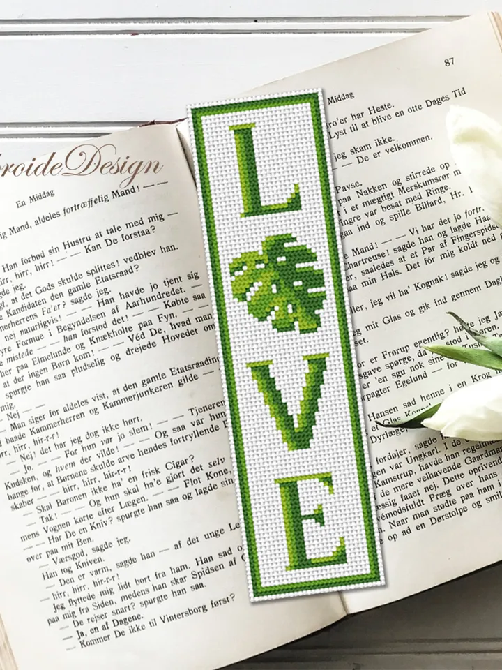 Green bookmark cross stitch pattern PDF download Monstera leaf cross stitch chart, Floral bookmark pattern digital PDF, The word Love #B355