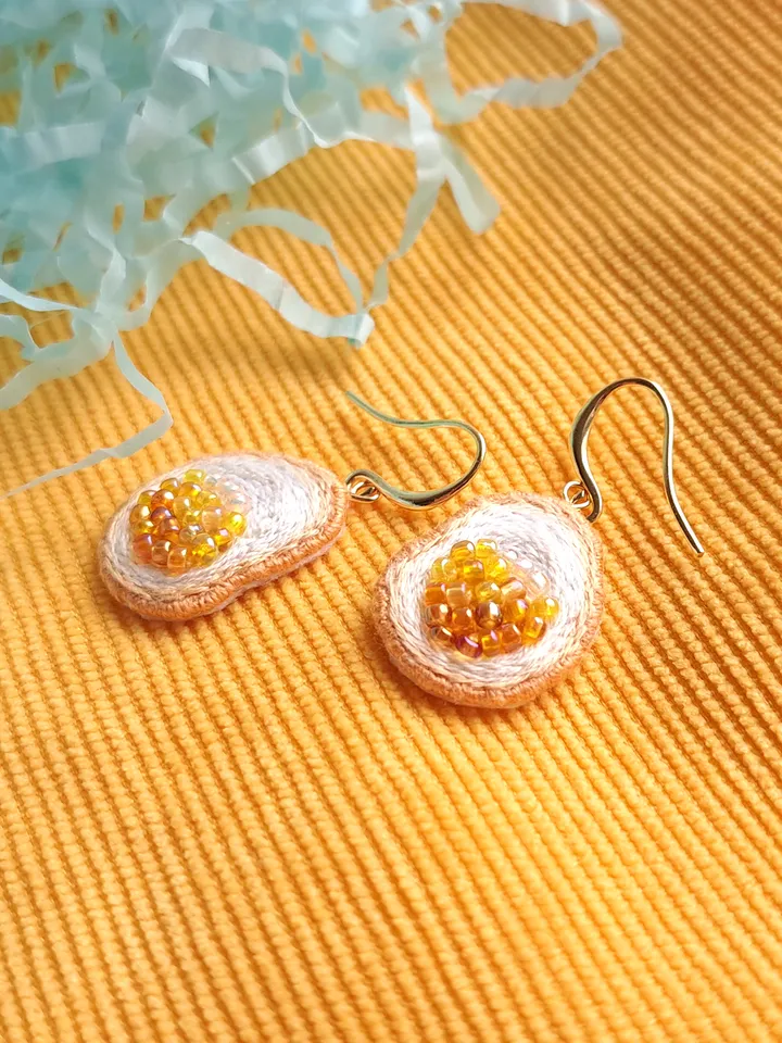 Sunny-Side Up Egg Earrings Hand-Embroidered Foodie Jewelry Quirky Artisan Accessories Boho Food Art Cooking Enthusiast Gift Brunch Outfit