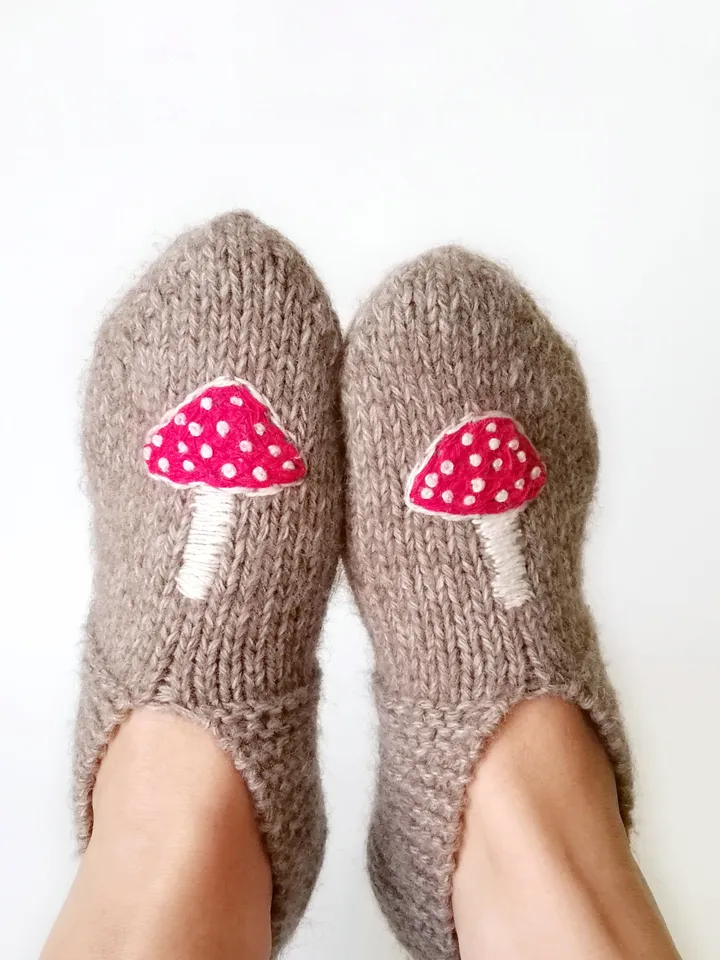 Hand-Knitted Mushroom Embroidered Socks-Slippers for Women, Merino and Alpaca Wool. Cute Warm Indoor Slipper-Socks. FREE SHIPPING!