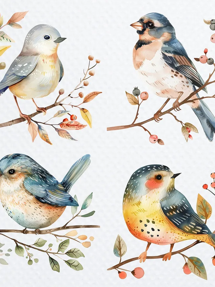 24 Scandinavian Birds PNG Bundle, Watercolor Floral Birds for sublimation, Printable vintage birds clipart, Paper craft, junk journals