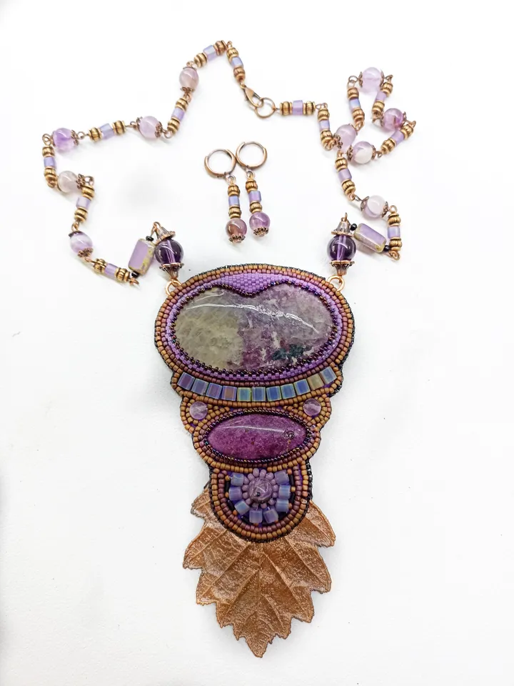 Bead embroidered violet necklace with Lepidolite, Sugilite, Charoite and Amethyst gemstones and an electroformed oak leaf Boho jewelry OOAK